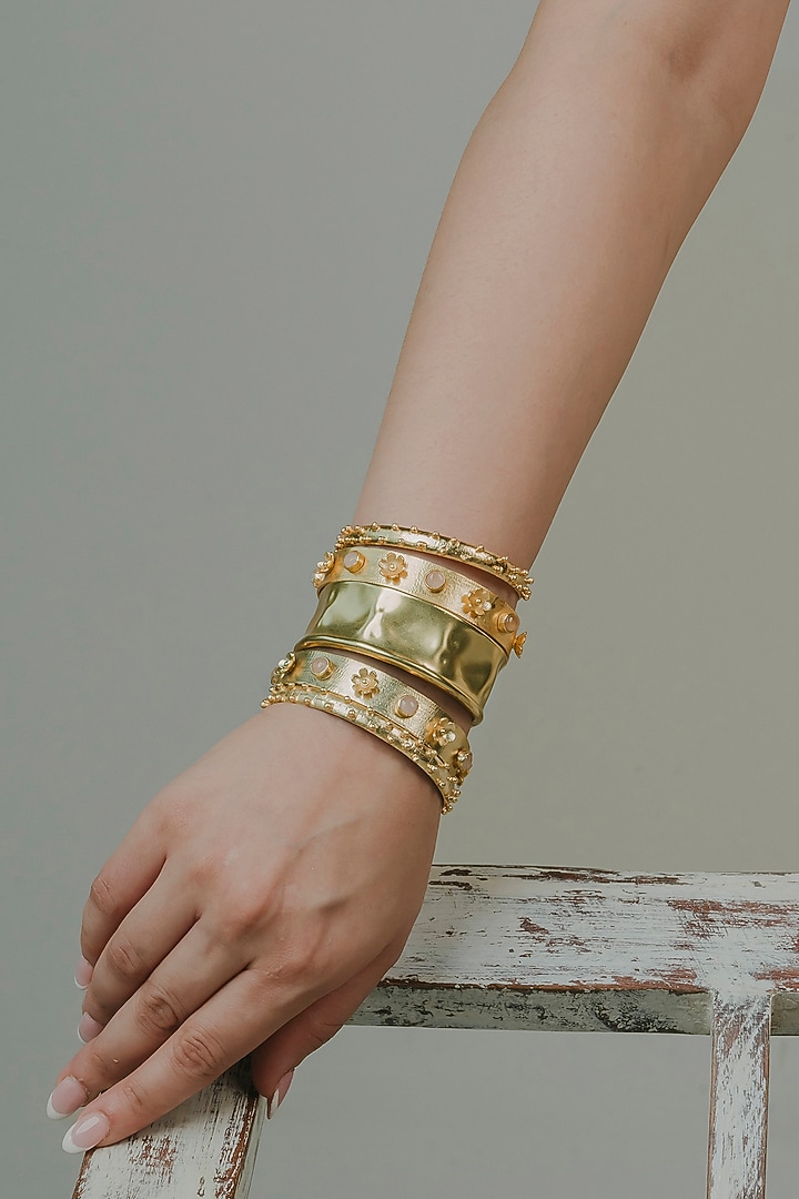Gold Finish Quartz Stone Adjustable Bracelet (Set Of 5) by Baala Jewels at Pernia's Pop Up Shop
