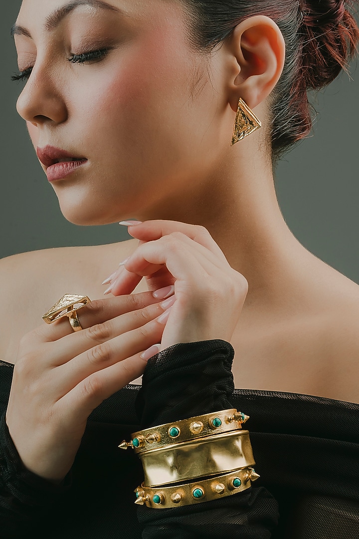 Gold Finish Turquoise Stone Adjustable Bracelet (Set Of 3) by Baala Jewels at Pernia's Pop Up Shop