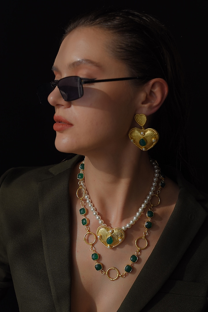 Gold Finish Green Pearl Necklace by Baala Jewels at Pernia's Pop Up Shop