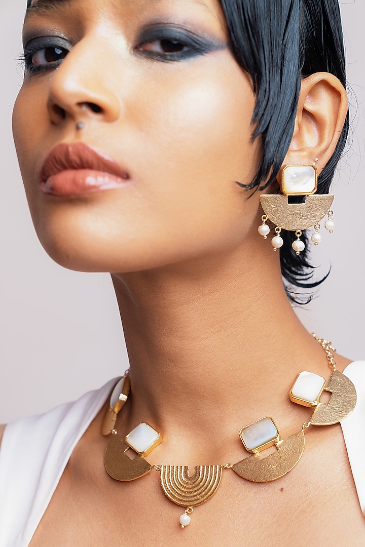 Gold Finish Shell Pearl Dangler Earrings by Baala Jewels at Pernia's Pop Up Shop