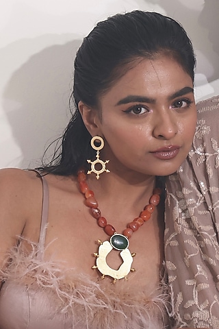 Gold Finish Coral Stone Necklace Set by Baala Jewels