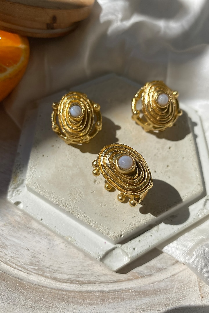 Gold Finish Pearl Dangler Earrings With Ring by Baala Jewels at Pernia's Pop Up Shop