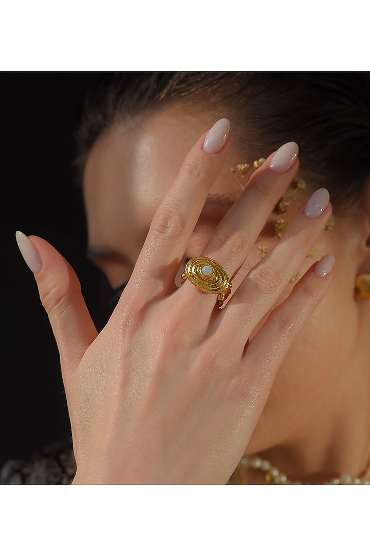 Gold Finish Pearl Dangler Earrings With Ring by Baala Jewels at Pernia's Pop Up Shop