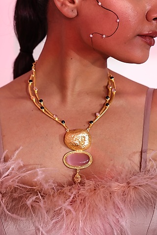 Gold Finish Carved Gemstone Necklace Set by Baala Jewels