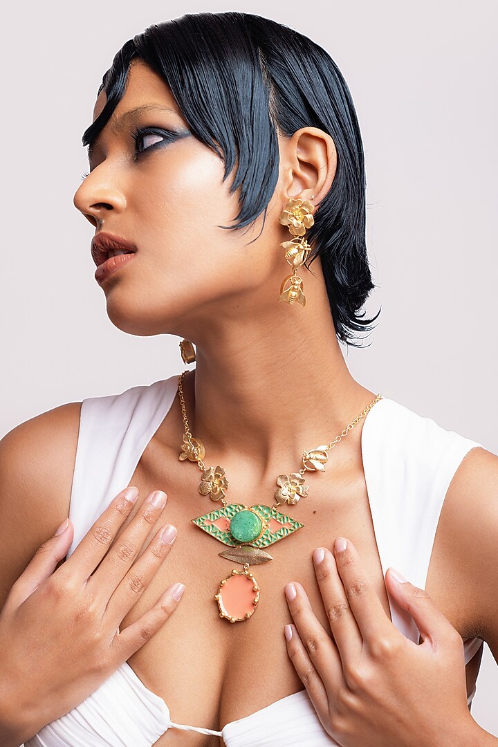 Gold Finish Floral Enamelled Necklace Set by Baala Jewels at Pernia's Pop Up Shop
