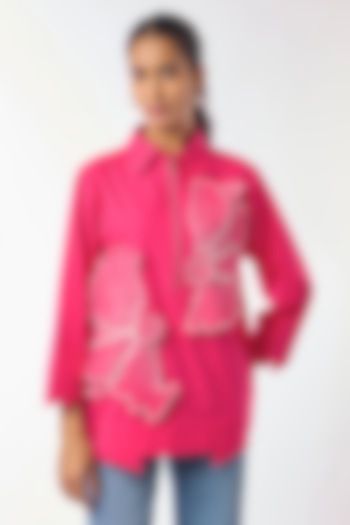 Pink Giza Cotton Hand Embroidered Shirt by Nitin Bal Chauhan at Pernia's Pop Up Shop