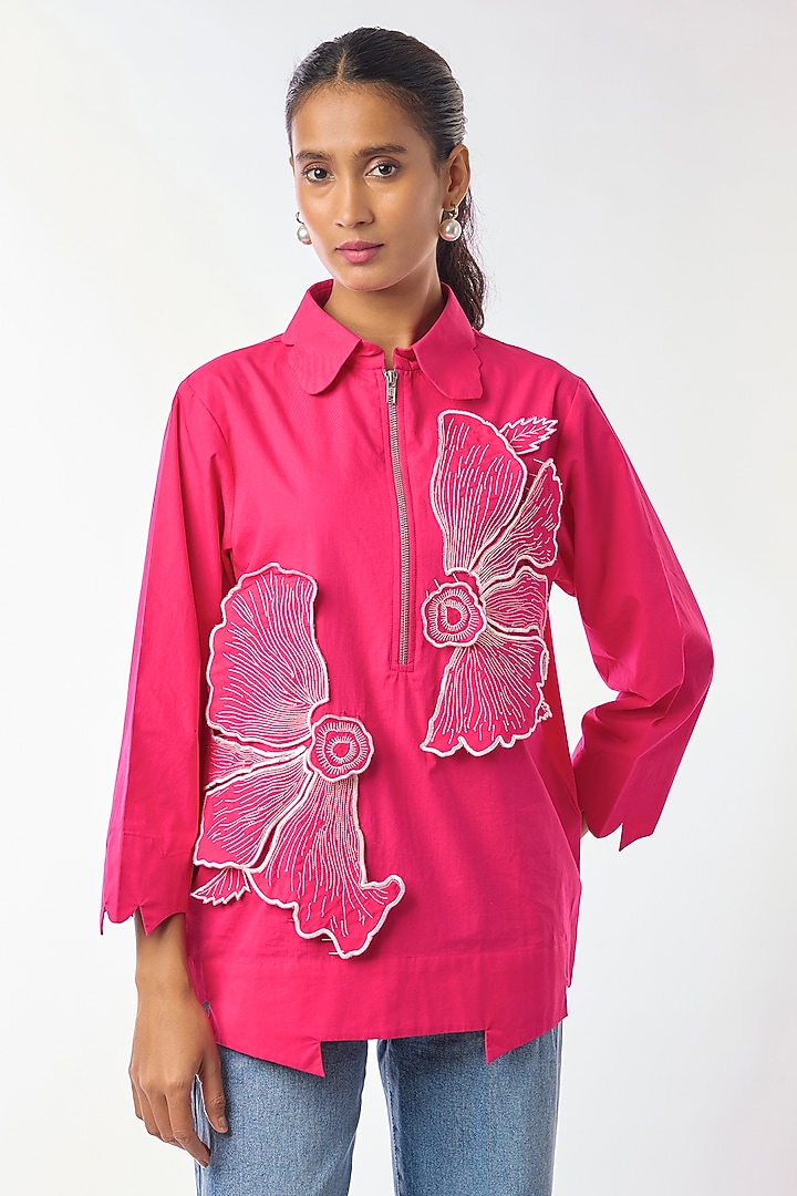 Pink Giza Cotton Hand Embroidered Shirt by Nitin Bal Chauhan at Pernia's Pop Up Shop