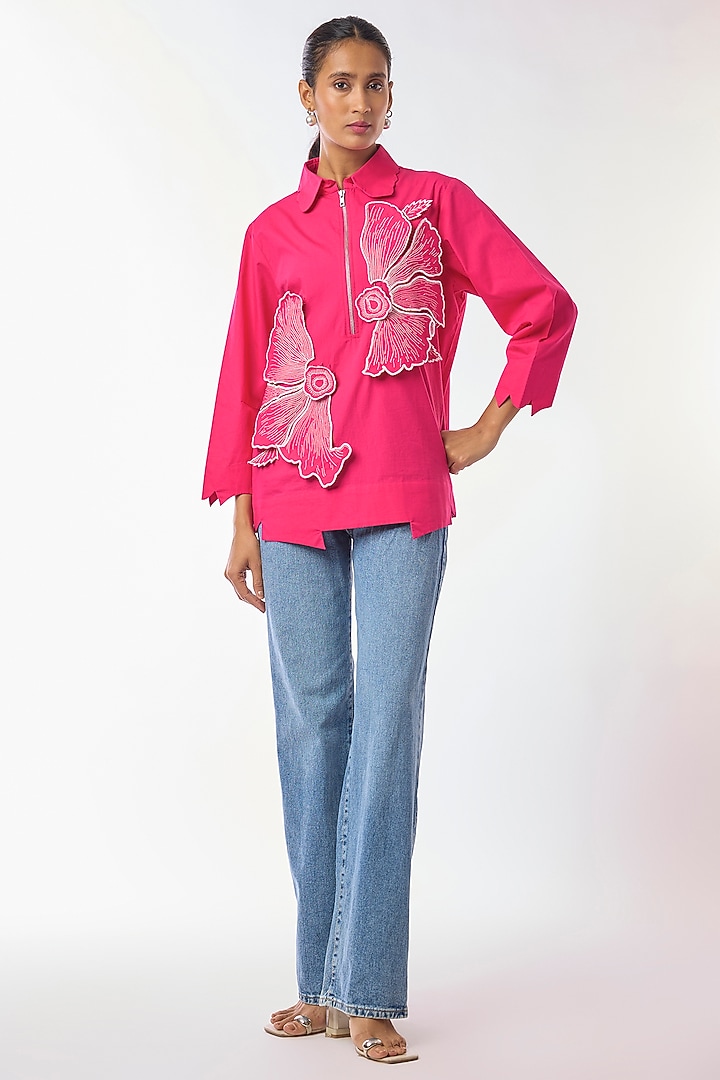 Pink Giza Cotton Hand Embroidered Shirt by Nitin Bal Chauhan at Pernia's Pop Up Shop