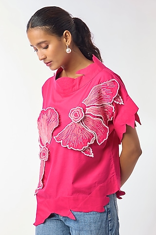 Pink Giza Cotton Hand Embroidered Top by Nitin Bal Chauhan