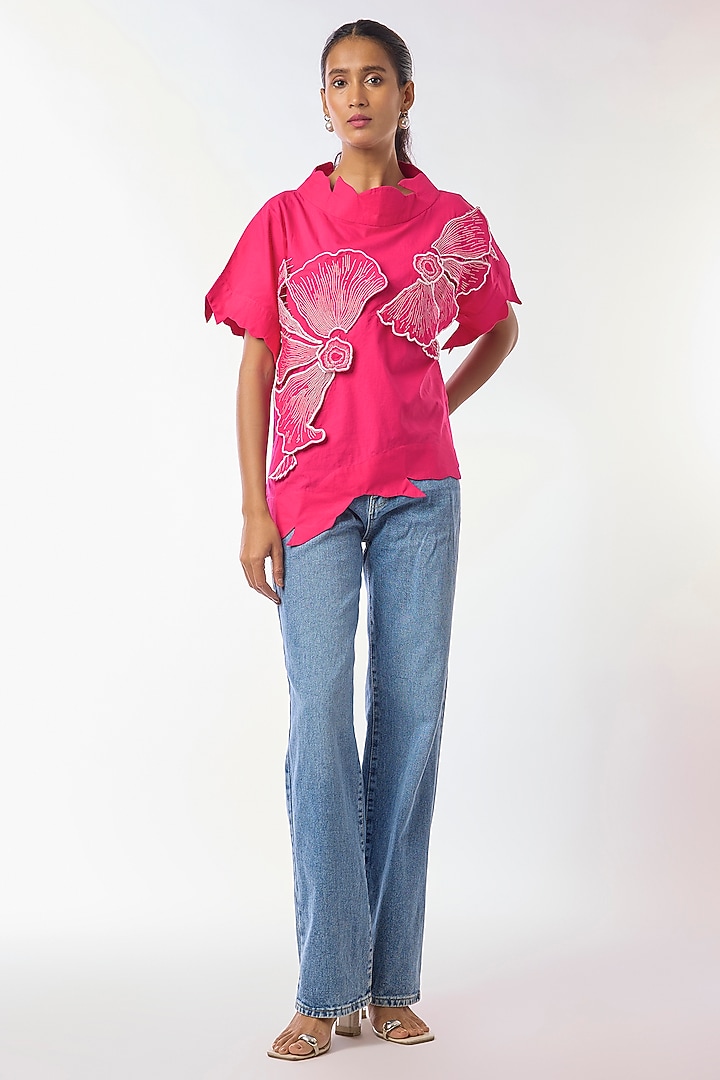 Pink Giza Cotton Hand Embroidered Top by Nitin Bal Chauhan at Pernia's Pop Up Shop