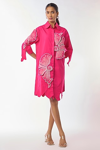Pink Giza Cotton Hand Embroidered Shirt Dress by Nitin Bal Chauhan
