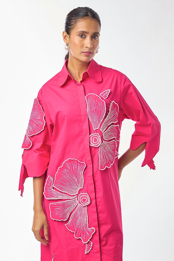 Pink Giza Cotton Hand Embroidered Vacation Shirt Dress by Nitin Bal Chauhan at Pernia's Pop Up Shop