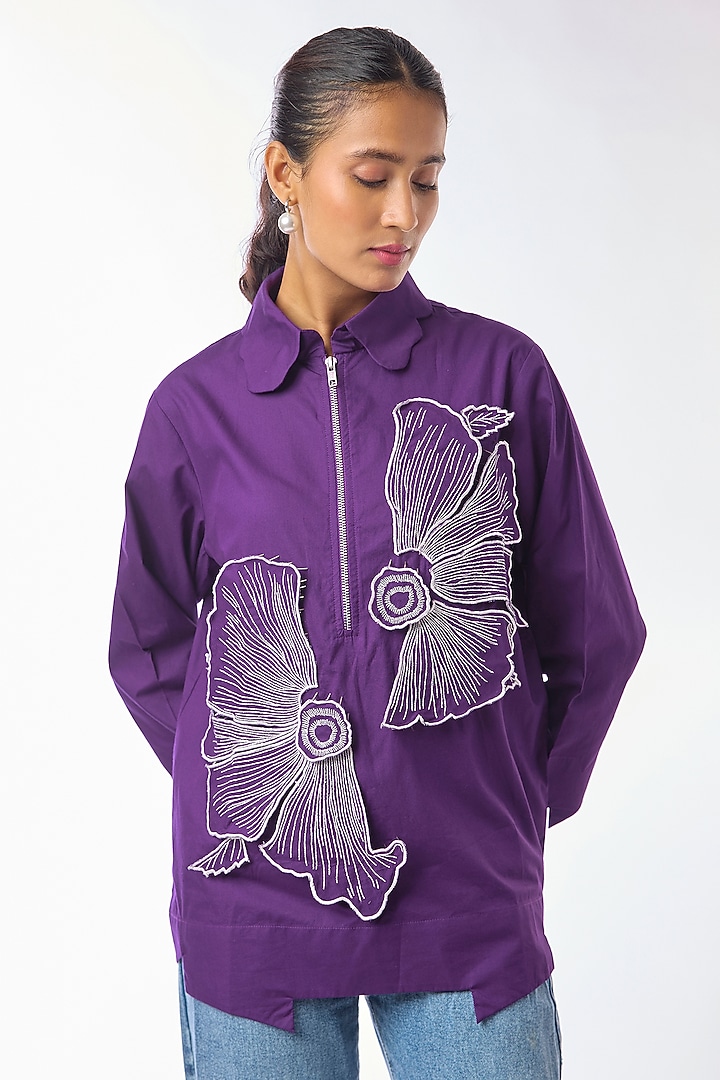 Purple Giza Cotton Hand Embroidered Shirt by Nitin Bal Chauhan at Pernia's Pop Up Shop