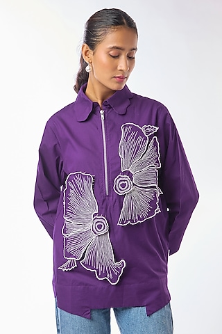Purple Giza Cotton Hand Embroidered Shirt by Nitin Bal Chauhan