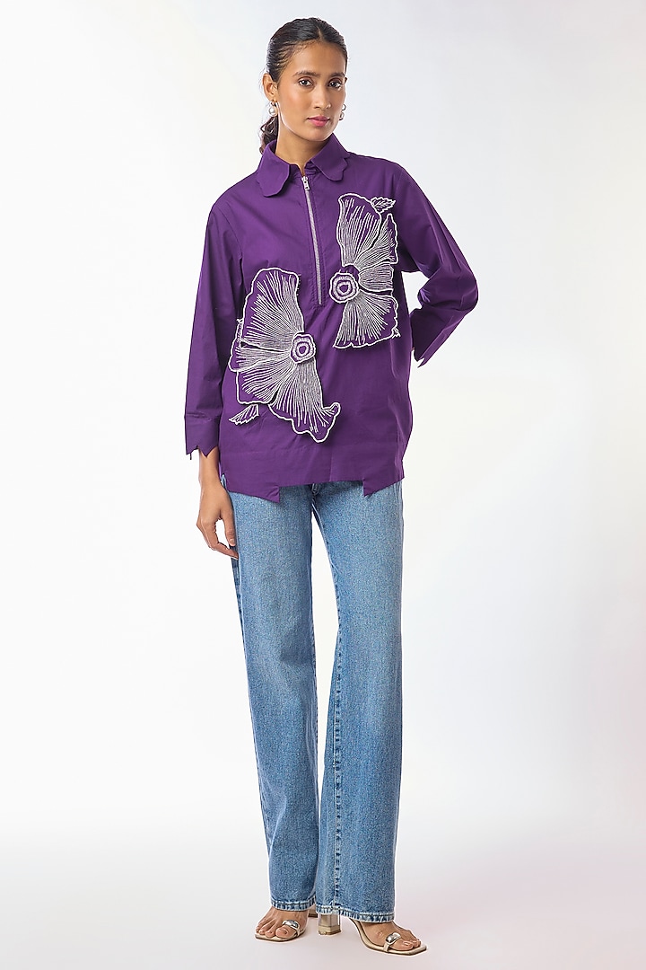 Purple Giza Cotton Hand Embroidered Shirt by Nitin Bal Chauhan at Pernia's Pop Up Shop