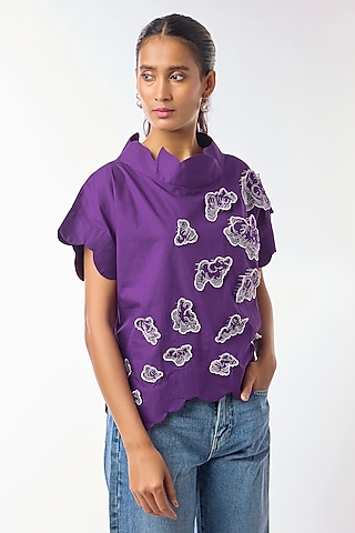 Purple Giza Cotton Hand Embroidered Top by Nitin Bal Chauhan