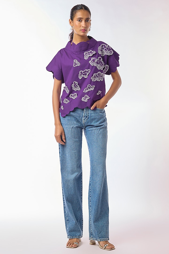 Purple Giza Cotton Hand Embroidered Top by Nitin Bal Chauhan at Pernia's Pop Up Shop
