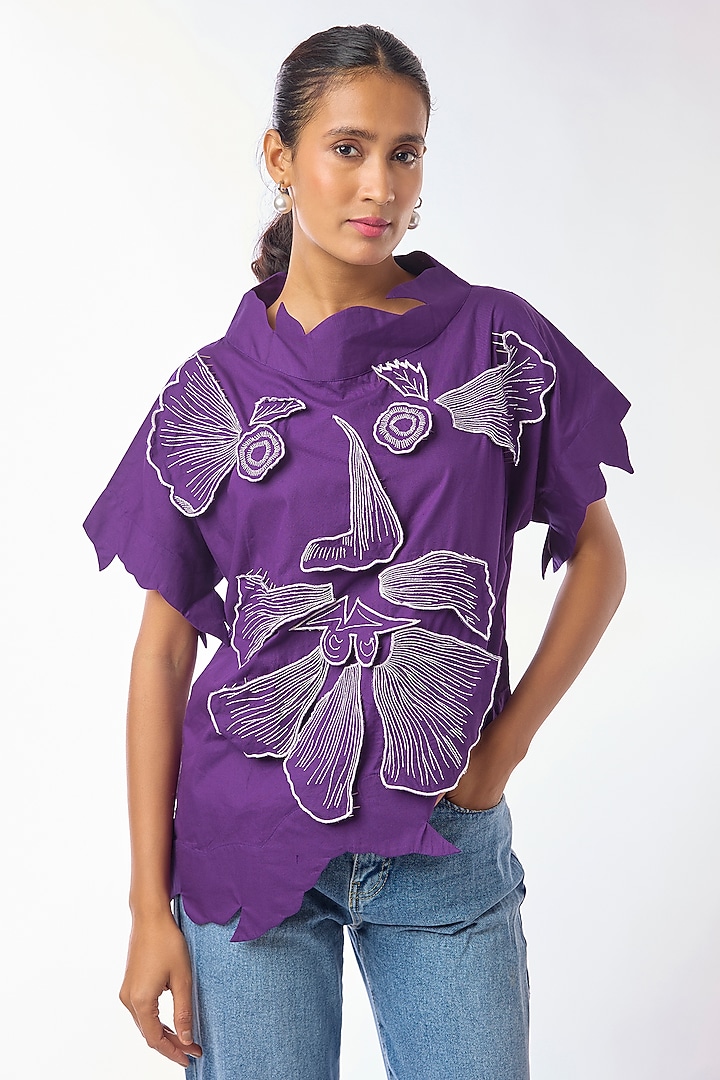 Purple Giza Cotton Hand Embroidered Top by Nitin Bal Chauhan at Pernia's Pop Up Shop