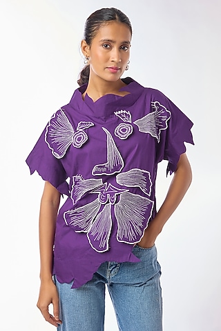 Purple Giza Cotton Hand Embroidered Top by Nitin Bal Chauhan