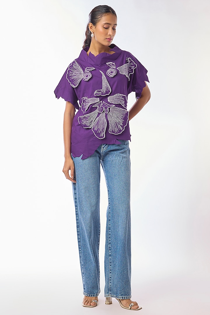 Purple Giza Cotton Hand Embroidered Top by Nitin Bal Chauhan at Pernia's Pop Up Shop