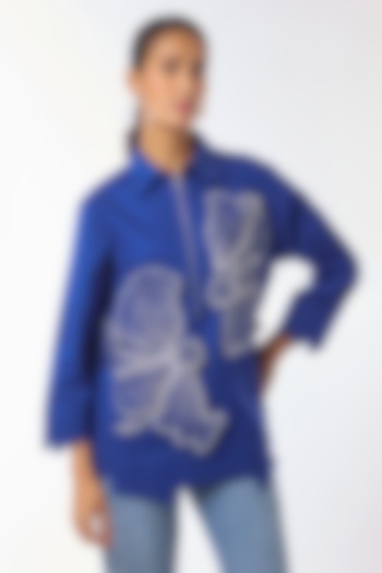 Blue Giza Cotton Hand Embroidered Shirt by Nitin Bal Chauhan at Pernia's Pop Up Shop