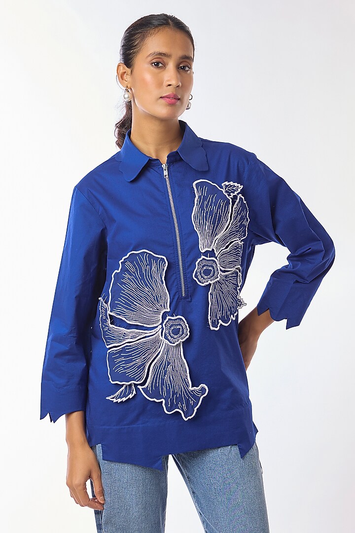 Blue Giza Cotton Hand Embroidered Shirt by Nitin Bal Chauhan at Pernia's Pop Up Shop