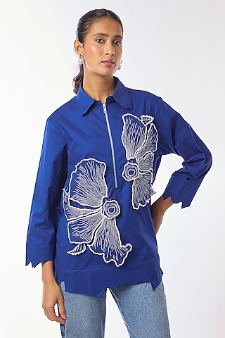 Blue Giza Cotton Hand Embroidered Shirt by Nitin Bal Chauhan