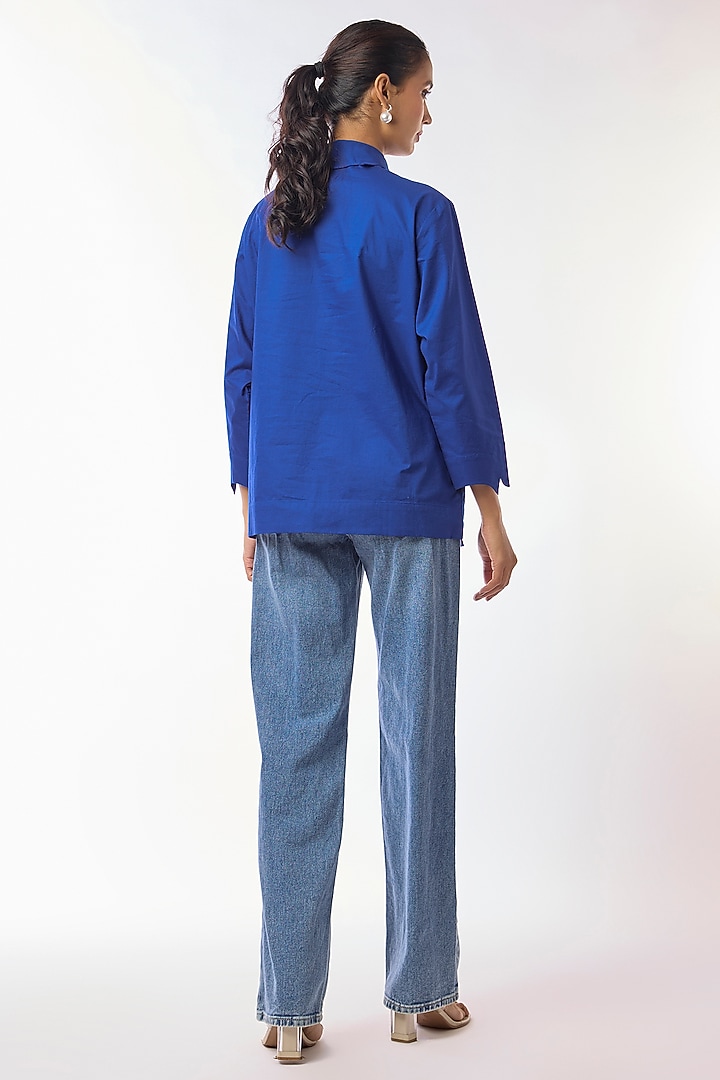 Blue Giza Cotton Hand Embroidered Shirt by Nitin Bal Chauhan at Pernia's Pop Up Shop
