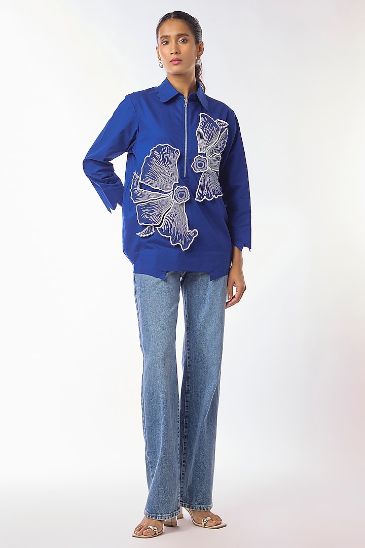 Blue Giza Cotton Hand Embroidered Shirt by Nitin Bal Chauhan at Pernia's Pop Up Shop