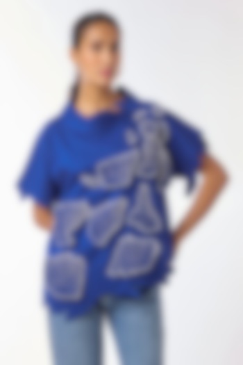 Blue Giza Cotton Hand Embroidered Top by Nitin Bal Chauhan at Pernia's Pop Up Shop