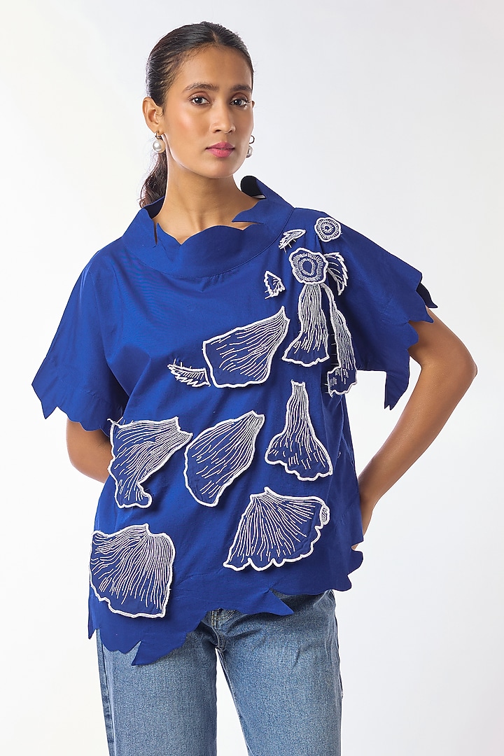 Blue Giza Cotton Hand Embroidered Top by Nitin Bal Chauhan at Pernia's Pop Up Shop