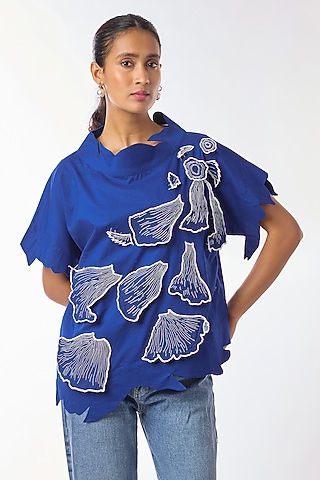 Blue Giza Cotton Hand Embroidered Top by Nitin Bal Chauhan