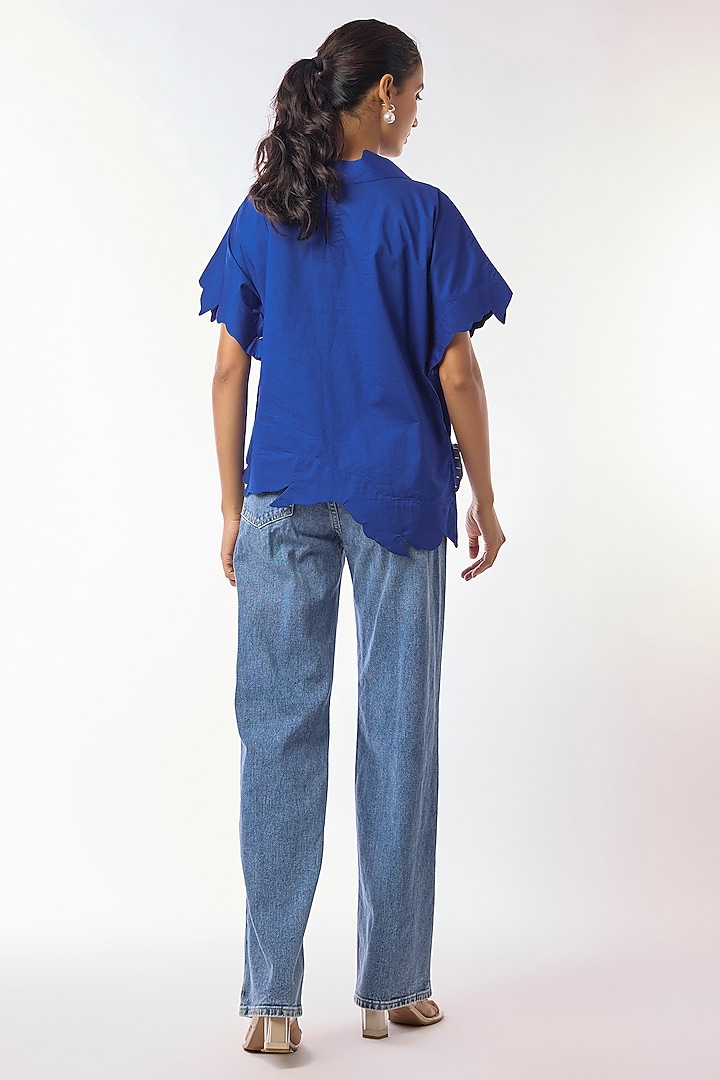 Blue Giza Cotton Hand Embroidered Top by Nitin Bal Chauhan at Pernia's Pop Up Shop