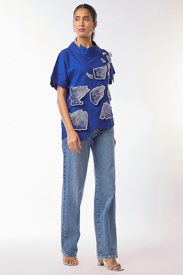 Blue Giza Cotton Hand Embroidered Top by Nitin Bal Chauhan at Pernia's Pop Up Shop