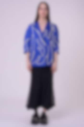 Electric Blue Linen Satin Embroidered Kaftan Jacket by Nitin Bal Chauhan at Pernia's Pop Up Shop