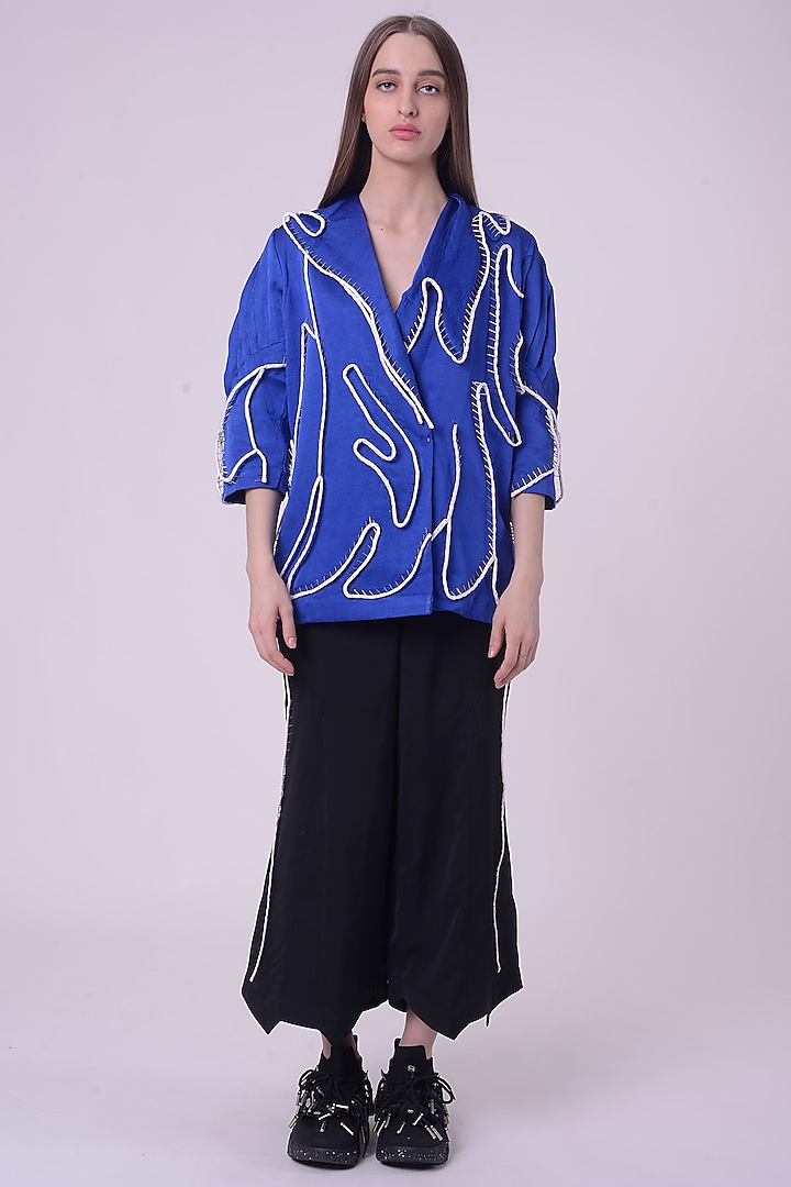 Electric Blue Linen Satin Embroidered Kaftan Jacket by Nitin Bal Chauhan at Pernia's Pop Up Shop