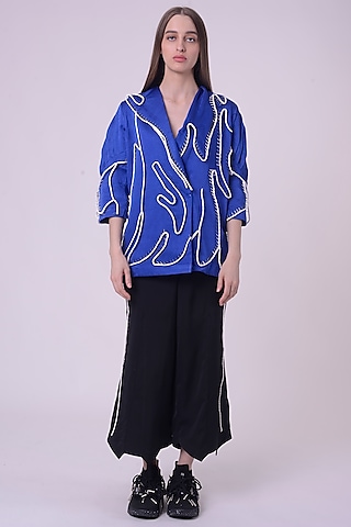 Electric Blue Linen Satin Embroidered Kaftan Jacket by Nitin Bal Chauhan