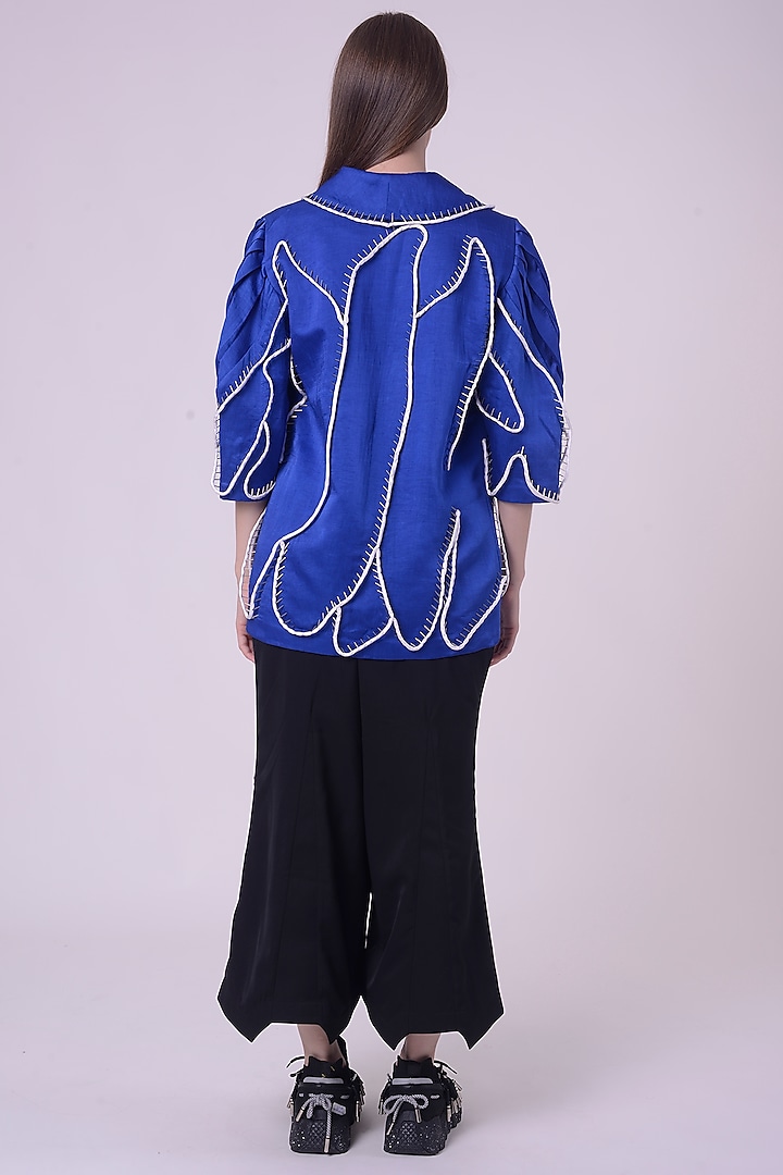 Electric Blue Linen Satin Embroidered Kaftan Jacket by Nitin Bal Chauhan at Pernia's Pop Up Shop