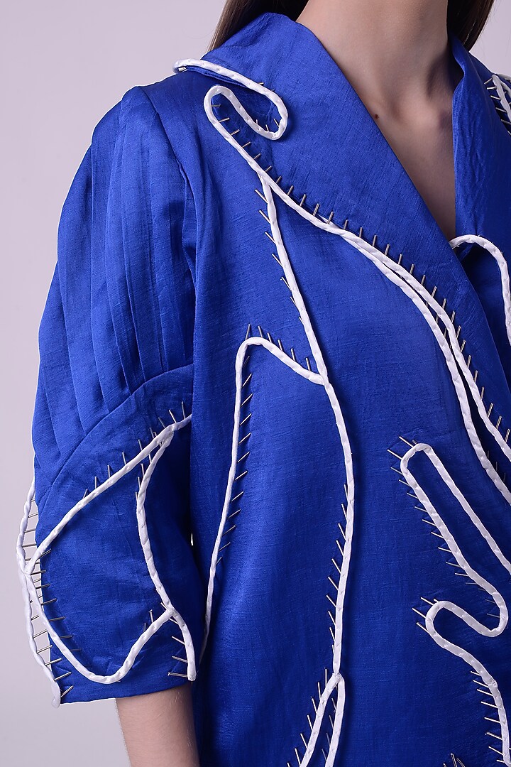 Electric Blue Linen Satin Embroidered Kaftan Jacket by Nitin Bal Chauhan at Pernia's Pop Up Shop