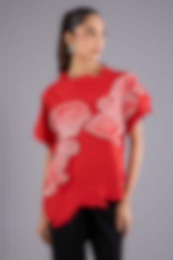 Red Cotton Poplin Hand Embroidered Asymmetrical Top by Nitin Bal Chauhan at Pernia's Pop Up Shop