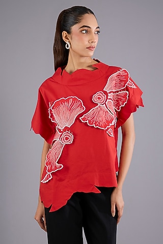 Red Cotton Poplin Hand Embroidered Asymmetrical Top by Nitin Bal Chauhan