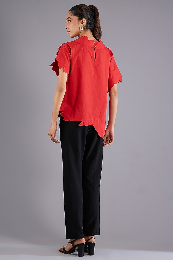 Red Cotton Poplin Hand Embroidered Asymmetrical Top by Nitin Bal Chauhan at Pernia's Pop Up Shop