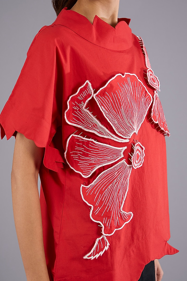 Red Cotton Poplin Hand Embroidered Asymmetrical Top by Nitin Bal Chauhan at Pernia's Pop Up Shop