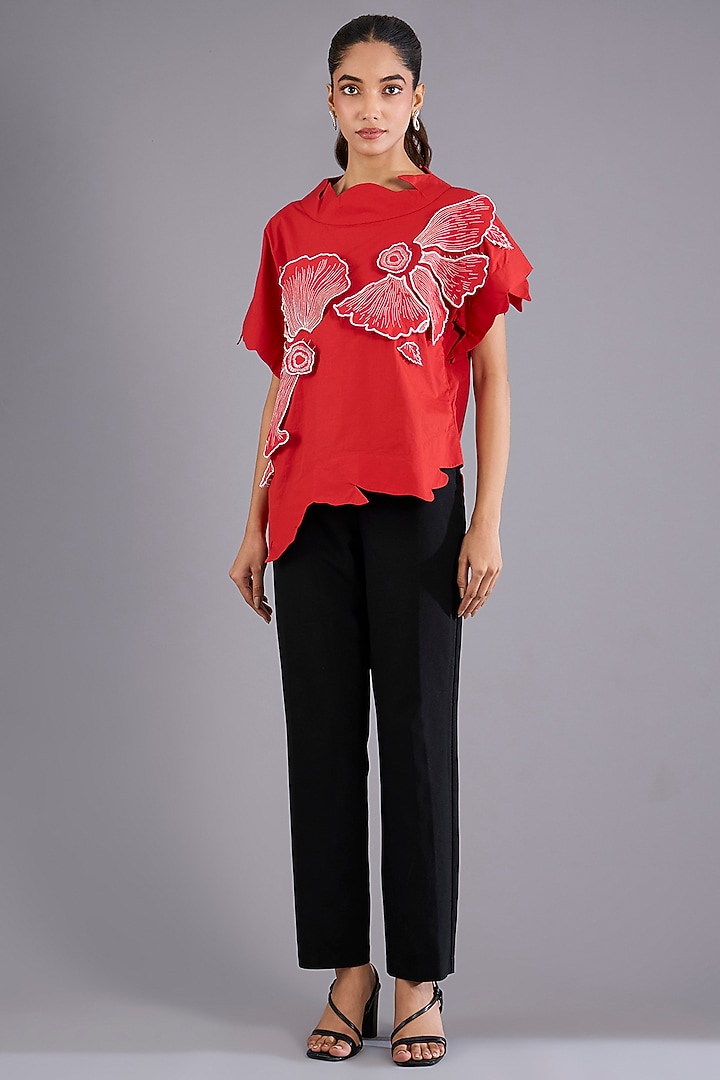 Red Cotton Poplin Hand Embroidered Asymmetrical Top by Nitin Bal Chauhan at Pernia's Pop Up Shop