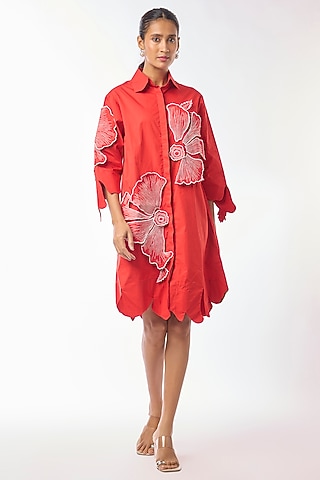 Red Giza Cotton Hand Embroidered Shirt Dress by Nitin Bal Chauhan
