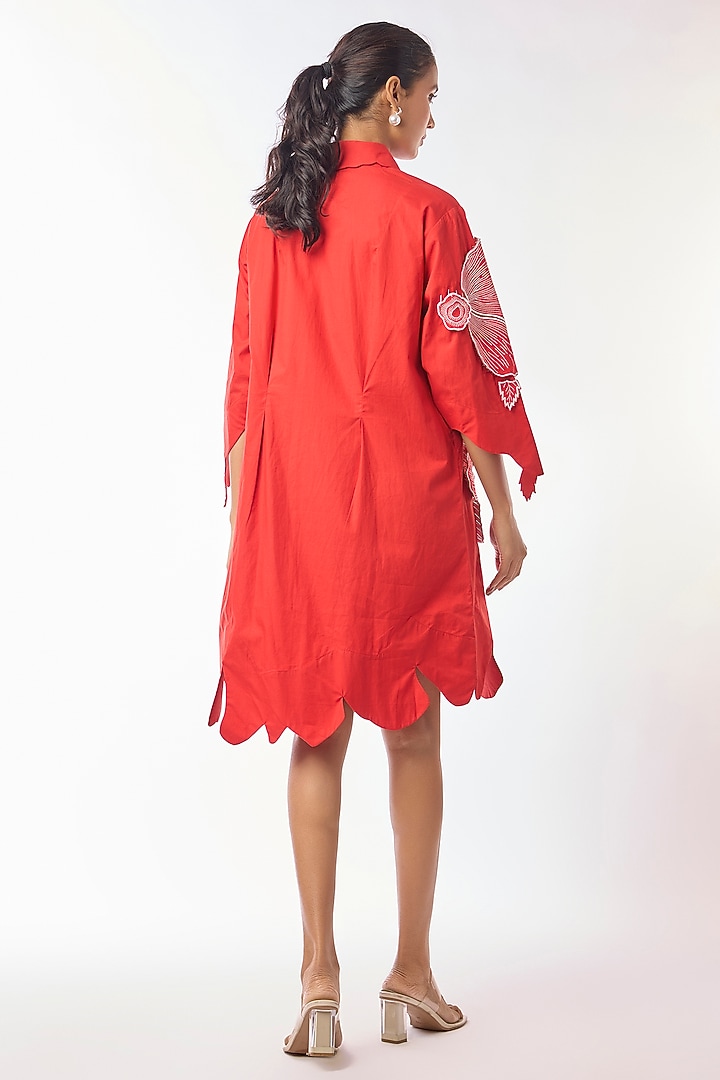 Red Giza Cotton Hand Embroidered Vacation Shirt Dress by Nitin Bal Chauhan at Pernia's Pop Up Shop