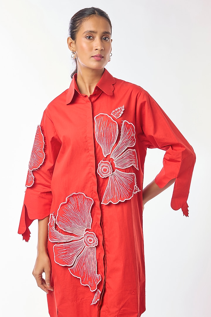 Red Giza Cotton Hand Embroidered Vacation Shirt Dress by Nitin Bal Chauhan at Pernia's Pop Up Shop