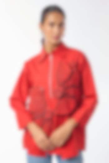 Red Giza Cotton Hand Embroidered Shirt by Nitin Bal Chauhan at Pernia's Pop Up Shop