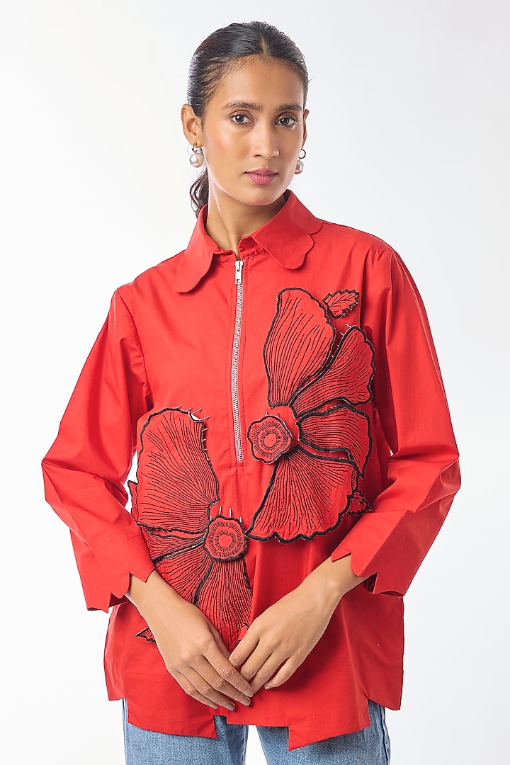 Red Giza Cotton Hand Embroidered Shirt by Nitin Bal Chauhan at Pernia's Pop Up Shop