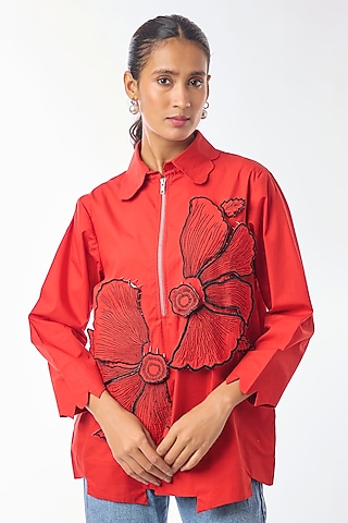 Red Giza Cotton Hand Embroidered Shirt by Nitin Bal Chauhan